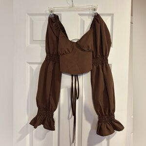 Tie Up Brown Puff Sleeve Crop Top
